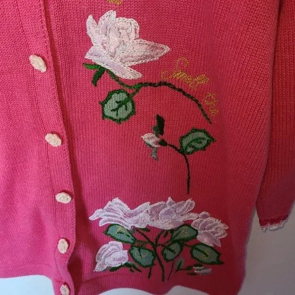 Storybook Knits Pink Cardigan Sweater Roses L - Picture 5 of 14